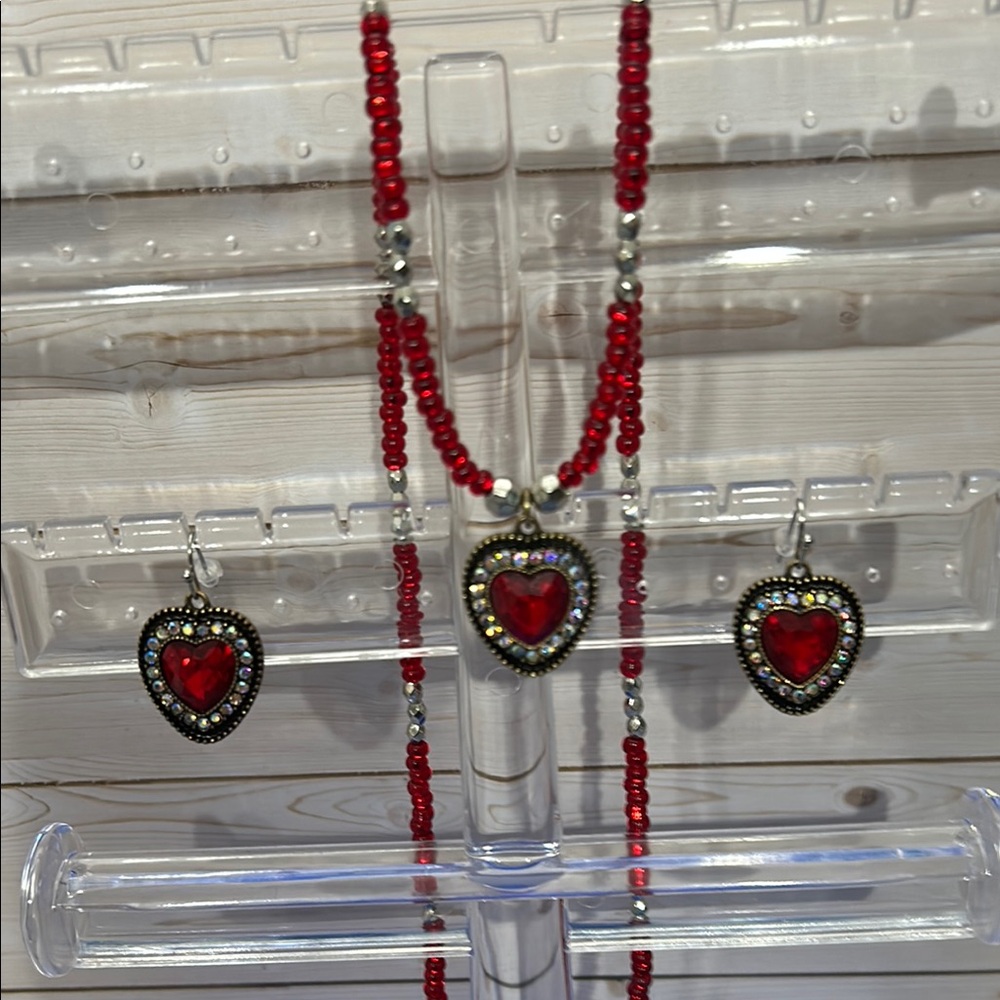 Red Heart Pendant Necklace with Beaded Design